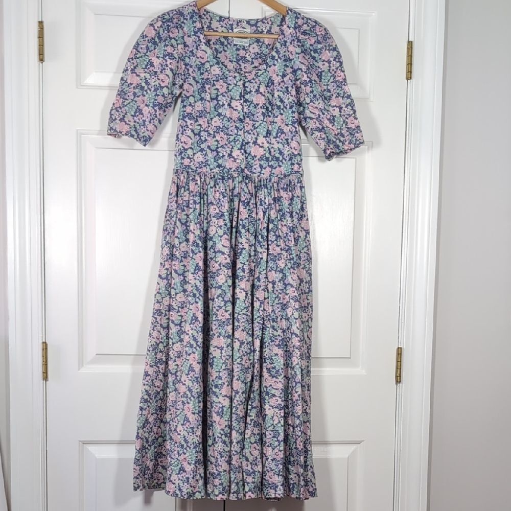 Vintage Laura Ashley Floral Midi Dress Puff Sleeve Cottagecore Prairie 80s
